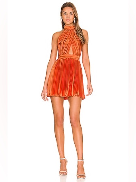 L’ide Renaissance Peach Pleated Halter Mini Dress Size 12 Open Back Satin